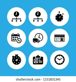 9 clock icons in vector set. wall clock, logistics delivery truck and clock, stopwatch and time illustration for web and graphic design