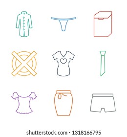 9 clothes icons. Trendy clothes icons white background. Included line icons such as man underwear, skirt, blouse, tie, t shirt with heart, no dry cleaning. clothes icon for web and mobile.