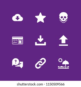 9 cloud icons in vector set. skeleton, link, pass and beach illustration for web and graphic design