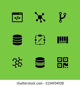 9 coding icons in vector set. bar code, algorithm, molecule and code fork symbol illustration for web and graphic design