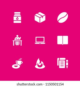 9 coffee icons in vector set. laptop, notepad, desk and breakfast illustration for web and graphic design