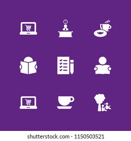 9 coffee icons in vector set. coffe cup outline, ebook, laptop and reading illustration for web and graphic design