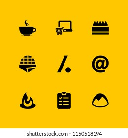 9 Coffee Icons In Vector Set. Laptop, Logo, Stroopwafel And Gift Basket Illustration For Web And Graphic Design