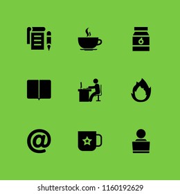 9 coffee icons in vector set. man in office desk with computer, breakfast, laptop and notepad illustration for web and graphic design