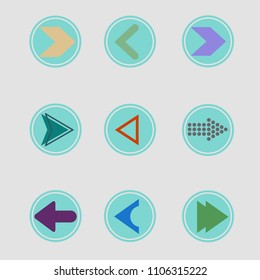 9 colored arrow sign. Round stickers. 10 eps