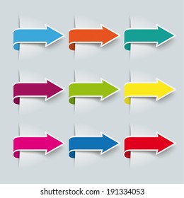 9 colored arrows on the grey background. Eps 10 vector file.