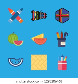 9 colored icons with pencil case and watermelon in this set
