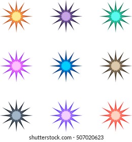 9 colored snowflakes. Sets stars. White background.