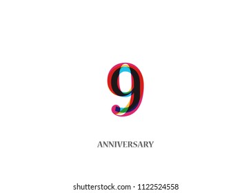 9 Colorful Anniversary logotype design isolated on white background