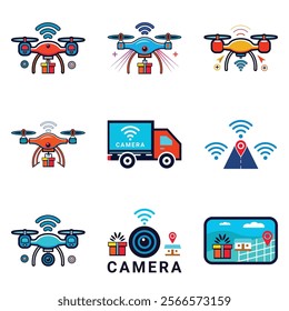 9 colorful home delivery drone camera icons, ideal for delivery services and tech projects. Scalable EPS format for easy use.