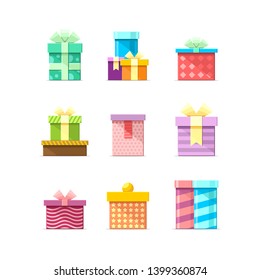 9 Colorful vector flat boxes with ribbons isolated on white background. Package, gift, present, happy birthday, party box icons set 4