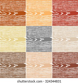 9 colors wood texture background. Set 02 Blank natural pattern swatch template. Empty realistic plank with annual years circles. Backdrop size square format. Vector illustration design elements 10 eps