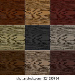 9 colors wood texture background. Set 03 Blank natural pattern swatch template. Empty realistic plank with annual years circles. Backdrop size square format. Vector illustration design elements 10 eps