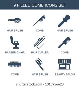 9 comb icons. Trendy comb icons white background. Included filled icons such as hair brush, barber chair, hair curler, beauty salon. comb icon for web and mobile.