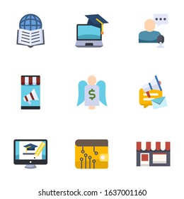 9 commerce flat icons set isolated on white background. Icons set with Affiliate Marketing, eCommerce, online store, Mobile marketing, Angel investor, social media campaign icons.