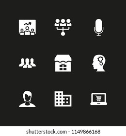 9 communication icons in vector set. human head silhouette with cogwheels, commerce and shopping, human and laptop illustration for web and graphic design