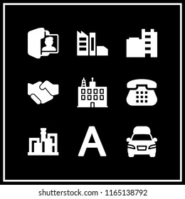 9 company vector icon set with folder, delivery truck, telephone and factory icons for mobile and web