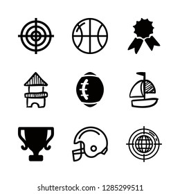 9 competition icons with trophy cup black shape and american football helmet in this set