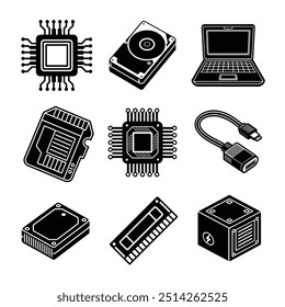 9 computer components icon set, silhouette vector art illustration on a white background