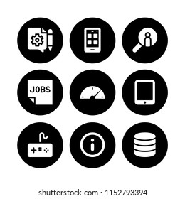 9 computer icons in vector set. content, information circular button symbol, gamer and app illustration for web and graphic design