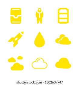 9 condensation icons with rocket space ship in diagonal and clouds in this set