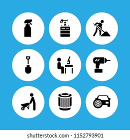 9 construction icons in vector set. wheelbarrow, worker, spray and drill illustration for web and graphic design