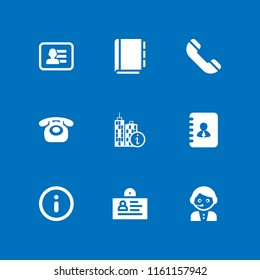 9 contact icons in vector set. information circular button symbol, business card of a man with contact info, pass and address illustration for web and graphic design