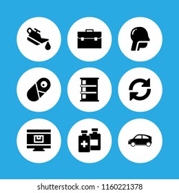 9 container icons in vector set. car oil, barrel, transport and bag illustration for web and graphic design