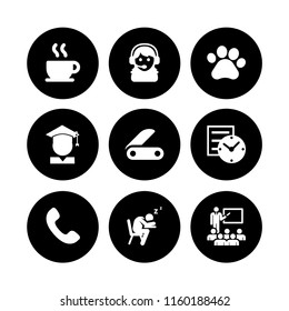 9 copy icons in vector set. call center, student, clock and coffee illustration for web and graphic design