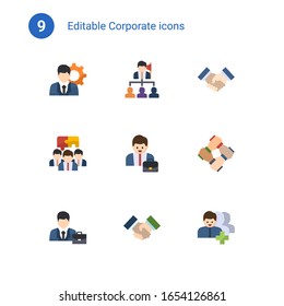 9 Flachsymbole für Unternehmen einzeln auf . Symbole, die mit Manager, Leadership, Partnership, Team Building, Entrepreneur, Start-up-Team, Professional, Partnerschaft, Follower-Icons gesetzt sind.