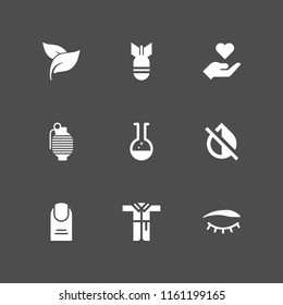 9 cosmetic icons in vector set. herbal spa treatment leaves, nail, bathrobe and care illustration for web and graphic design