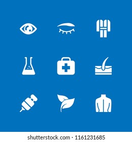 9 cosmetic icons in vector set. skin, eye, herbal spa treatment leaves and beaker illustration for web and graphic design