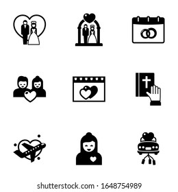 9 couple filled icons set isolated on white background. Icons set with just married couple, wedding ceremony, wedding date, dating, vow, Honeymoon, boyfriend, just married car icons.