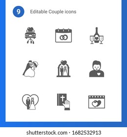 9 couple filled icons set isolated on . Icons set with just married car, wedding date, champagne, dance, wedding ceremony, girlfriend, just married couple, vow, dating icons.