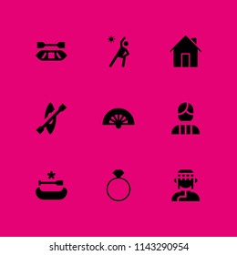 9 couple icon set with engagement ring, mongolian and kayak vector illustration for graphic design and web