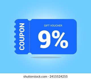 9% coupon promotion sale. Nine percent Vector Gift Voucher. Blue discount, lucky ticket, special offer promo. Web, shopping label, percent sign. Special price offers.