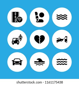 9 crash icons in vector set. broken, tow, wave and traffic illustration for web and graphic design