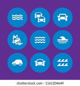 9 crash icons in vector set. waves, traffic, accident and small car illustration for web and graphic design