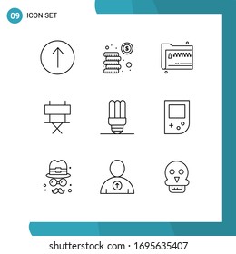 9 Creative Icons Modern Signs and Symbols of lamp; folding chair; share; film; chair Editable Vector Design Elements