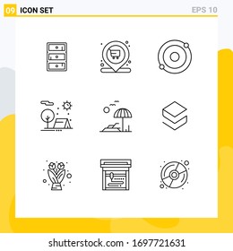 9 Creative Icons Modern Signs and Symbols of palm; sun; atom; nature; camping Editable Vector Design Elements