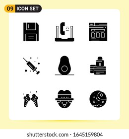9 Iconos creativos para diseño de sitios web modernos y aplicaciones móviles sensibles. 9 Símbolos de glifo carteles de fondo blanco. Paquete de 9 iconos.