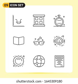 9 Creative Icons for Modern website design and responsive mobile apps. 9 Outline Symbols Signs on White Background. 9 Icon Pack.