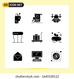 9 Kreative Symbole für modernes Webdesign und reaktionsfähige mobile Apps. 9 Glyphische Symbole Zeichen auf weißem Hintergrund. 9 Icon Pack.
