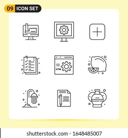 9 Creative Icons for Modern website design and responsive mobile apps. 9 Outline Symbols Signs on White Background. 9 Icon Pack.