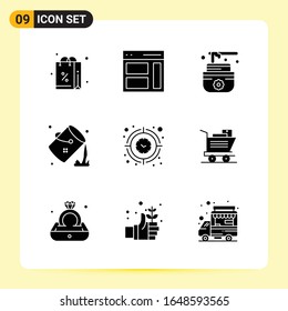 9 Iconos creativos para diseño de sitios web modernos y aplicaciones móviles sensibles. 9 Símbolos de glifo carteles de fondo blanco. Paquete de 9 iconos.