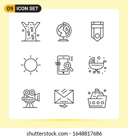9 Kreative Symbole für modernes Webdesign und reaktionsfähige mobile Apps. 9 Symbole in Umrissen auf weißem Hintergrund. 9 Icon Pack.