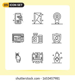 9 Creative Icons for Modern website design and responsive mobile apps. 9 Outline Symbols Signs on White Background. 9 Icon Pack.