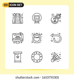 9 Iconos creativos para diseño de sitios web modernos y aplicaciones móviles sensibles. 9 Señales de símbolos de esquema en fondo blanco. Paquete de 9 iconos.
