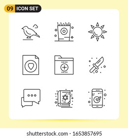 9 Iconos creativos para diseño de sitios web modernos y aplicaciones móviles sensibles. 9 Señales de símbolos de esquema en fondo blanco. Paquete de 9 iconos.