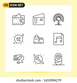9 Iconos creativos para diseño de sitios web modernos y aplicaciones móviles sensibles. 9 Señales de símbolos de esquema en fondo blanco. Paquete de 9 iconos.